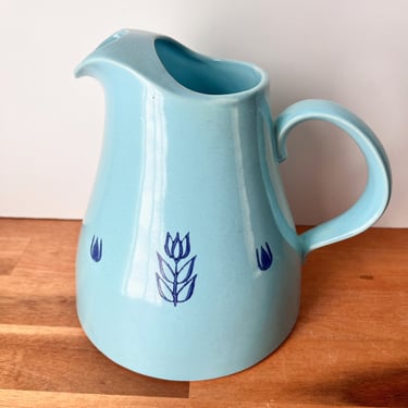 1960s Cronin Pottery Pitcher. Blue Pitcher with Cobalt Tulips. 