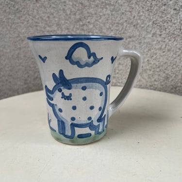 Vintage M.A. Hadley pottery flared shape mug white blue pig theme holds 12 oz 