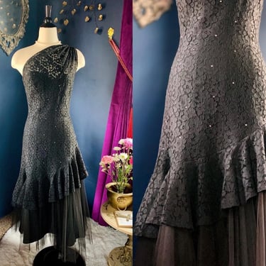 1970s LILLI DIAMOND Black Lace Rhinestone Tiered Dress / Vintage Designer Formal Mermaid Dress / 70s Glamour / Size Small - Medium 