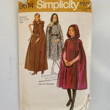 70's Vintage Simplicity 9614, UNCUT, Cape With Hood Two Lengths, Size Medium, Winter Coat, 1971, Sewing Pattern 