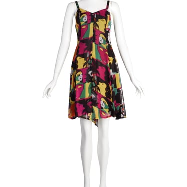 Awesome Vintage 1990s Multicolor Graphic Face Print Rayon Mini Dress