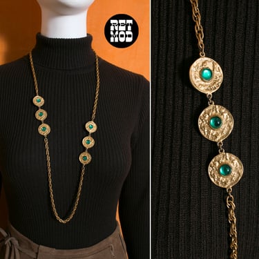 Fab Vintage 60s 70s Gold & Green Discs Statement Long Chain Necklace 