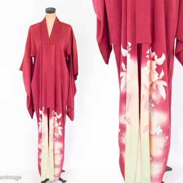 1930s Long Maroon Silk Kimono | 1940s Maroon Floral Print Long Silk Robe 