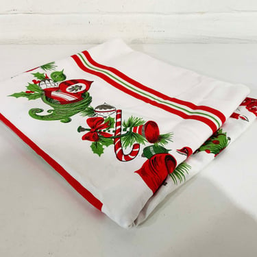 Vintage Floral Poinsettia Tablecloth Flower Holiday Mid-Century Square Christmas Table Cloth Dining Kitchen Handmade White Red 1960s 