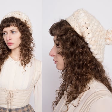 70s Cream Knit Pom Pom Beret - Small | Vintage Slouchy Winter Beanie Hat 