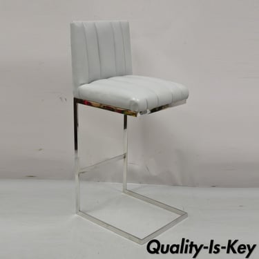 Modern Polished Chrome Gray Channel Leather Upholstered Bar Stool Chair