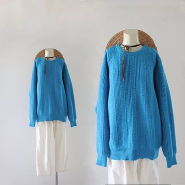 unisex pullover sweater - vintage 90s unisex mens womens turquoise aqua blue pullover acrylic casual knit minimal colorful sweater 