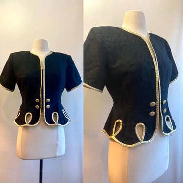 Vintage 80s Peplum Jacket Blazer / Black Jacquard + Gold Metallic Trim Edge Cut-Outs + Gold Buttons / Rimini 