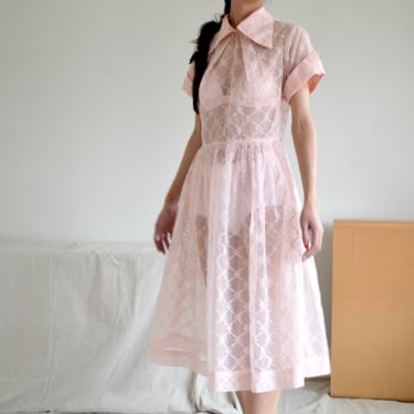 sheer 50s chiffon pale pink fit and flare dress embossed chenille bow pattern 