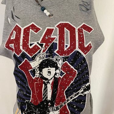 RETRO ACDC t shirt, women's graphic print tee shirt, upcyled rock band t shirt, vintage inspired band shirt, cut up tee, size s m 