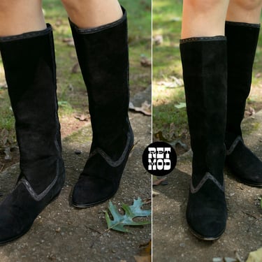 US 6.5 - Gorgeous Vintage 70s 80s Black Suede Pointy Toe Boots 