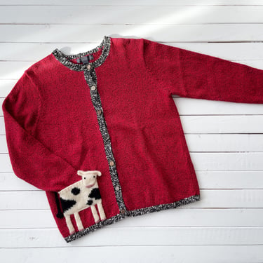 cute cottagecore sweater | 90s vintage Northern Isles red cow farm country scenic streetwear aesthetic intarsia cardigan 