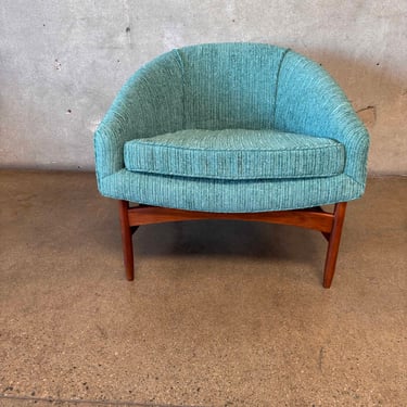Vintage Mid Century Modern Barrel Chair With Walnut Wood Base