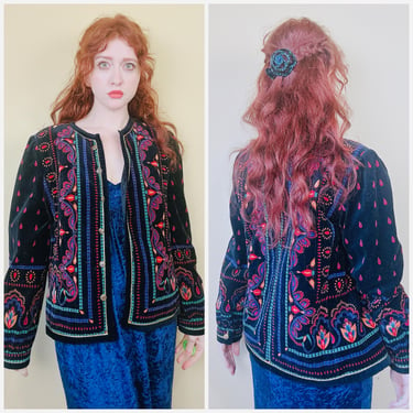 1980s Vintage Black Saxton Hall Velvet Jacket / 80s / Eighties Quilted Paisley Coat / Size XL 