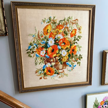 Large, Vintage Crewel Embroidery Wall Art Hanging 27x29 in - Orange Poppies, White Daisies in Brown Basket, Farmhouse, Wild Flowers, Framed 