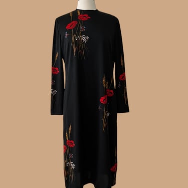 Vintage 60s 70s Adele Simpson Black Floral Midi Dress, Size estimate Women's Small ? 