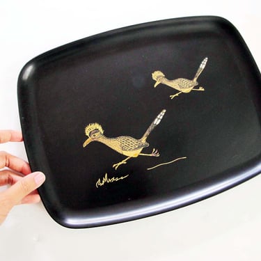 Vintage 60s Roadrunner Tray Couroc - Black Rectangle Tray Bird Shell Inlay - Desert Southwest Boho Home Decor 