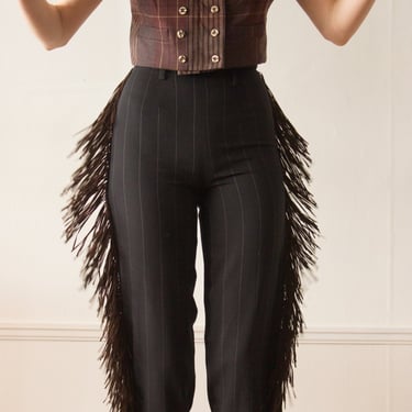 1990s Ozbek Pinstriped Trousers with Leather Fringe 