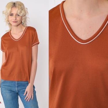 80s Ringer Tee Shirt Burnt Orange T Shirt V Neck Shirt Plain Athletic Shirt Vintage 1980s Tshirt Short Sleeve Single Stitch Medium 