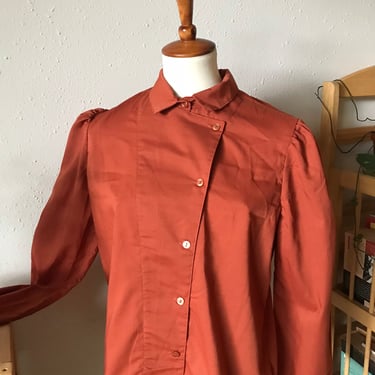 Vintage rust brown orange puff long sleeve button down blouse size small to medium 
