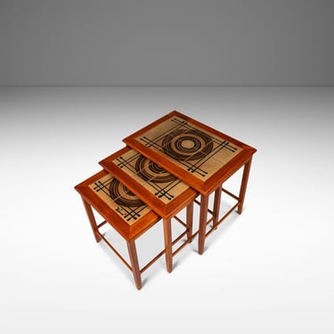 Set of Three (3) Danish Mid-Century Modern Nesting Tables in Teak w/ Tile Inlay by Poul H. Poulsen for Gangsø Møbler, Denmark, c. 1970's 