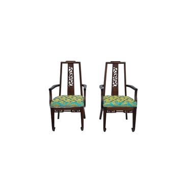 Pair Chinese Brown Wood Ancient Dragon Motif Back Panel Armchairs ws3777E 