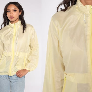 Yellow Windbreaker Jacket 90s Sheer Nylon Jacket Funnel Neck Jacket Plain Lightweight Vintage 1990s Windbreaker White Stag Medium 
