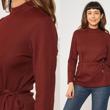 70s Mock Neck Shirt Burgundy Ribbed Top Mod Belted Long Sleeve Blouse 1970s Retro Top Vintage Plain Basic Top Small S 