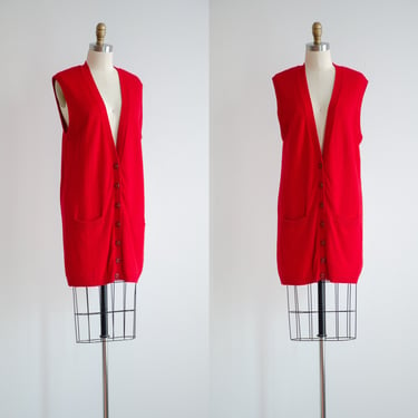 red knit pinafore dress 80s 90s vintage Paul Harris oversized long sweater vest mini dress 