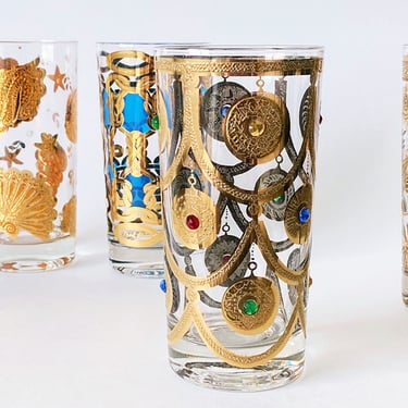 Mid-Century Culver & Fred Press Bar Glasses - Jewel-Tone and Gold Highball Tumblers (Set of 4) 