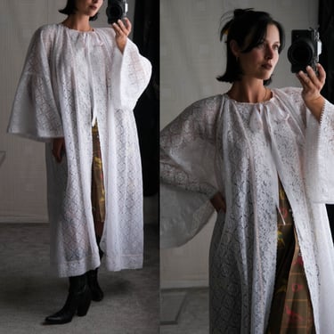 Vintage 70s Ivory Floral Gauze Lace Button Up Duster Robe w/ Peach Ribbon Trim & Bell Sleeves | 1970s Ethereal Romantic Lingerie Noir Robe 