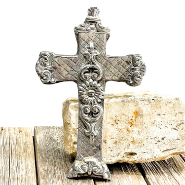 VINTAGE: 10.5" Mexican Pewter Wall Cross - Cast Pewter Cross - Made in Mexico - SKU 22-A-00034011 