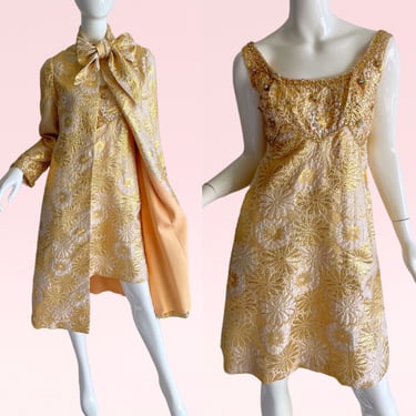 1960s Vintage Fred Perlberg Brocade Silk Lame Sequin Beaded Rhinestone Dress and Coat Set small 