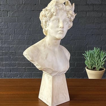 Signed Carved Alabaster Neoclassical Sculpture of Giuseppe Bessi Bust on Stand, c. 1920’s 