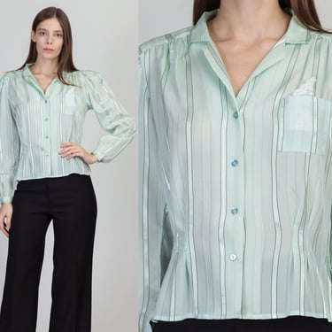70s Mint Striped Bishop Sleeve Blouse - Medium | Vintage You Babes Tailored Waist Button Up Top 