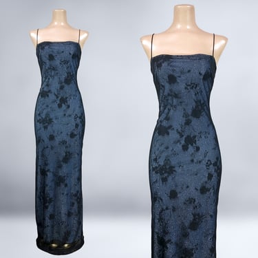 VINTAGE 90s Y2K Shimmering Metallic Blue & Black Stretch Mesh Formal Dress by Rampage Sz Large |1990's 00s Sparkle Glitter Party Dress | VFG 