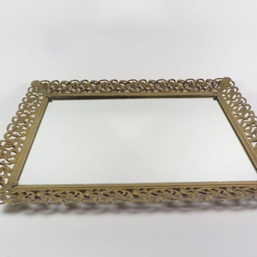 Vanity Dresser Tray Mirror - Vintage Brass Mirror Tray 