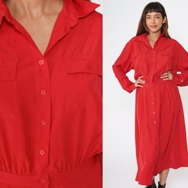 Red Button Up Dress Midi Dress 90s Shirtdress Plain Vintage 1990s Long sleeve High Waisted Dropped Armhole Solid Oversized Medium 14 Tall 