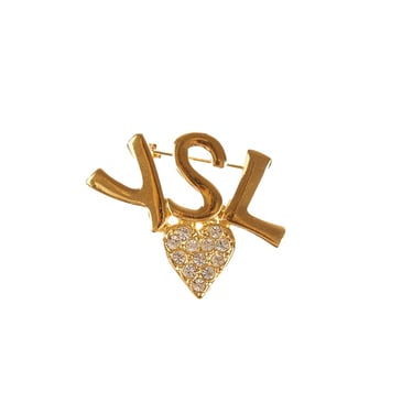 YSL Gold Rhinestone Heart Pin