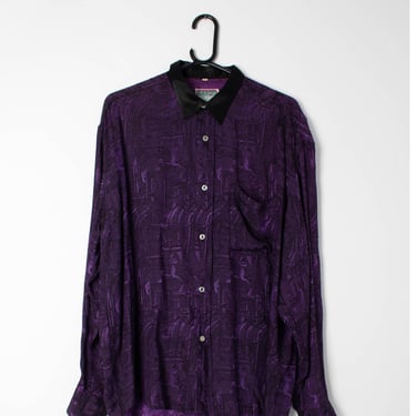 Womens vintage 1980s party shirt. Woven abstract pattern in deep purple - Large / Extra Large 