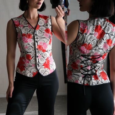 Vintage 90s Red & Pink Rose Iron Grid Print Silk Corset Laced Vest Top | Made in Switzerland | 100% Silk | 1990s ESCADA Designer Waistcoat 