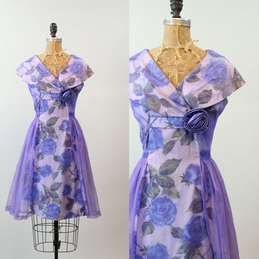 1950s BLUE ROSE PRINT organza dress medium | new spring summer 