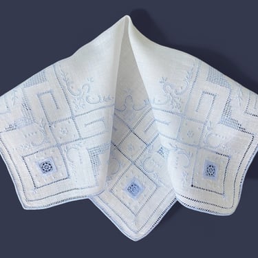 Vintage wedding hanky. White embroidered bridal handkerchief, Something old and blue, traditional keepsake for the bride to be. 