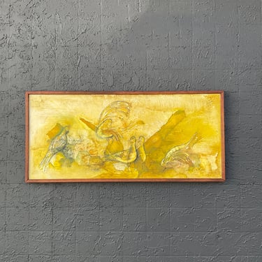 Yellow Abstract Bird Painting in Walnut Frame