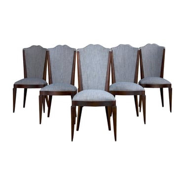 1920s French Art Deco Maple Dining Chairs W/ Striped Blue and White Chenille - Set of 6 