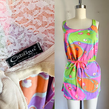 Vintage 1960s Catalina Two-Piece Neon Swimsuit / L-XL 