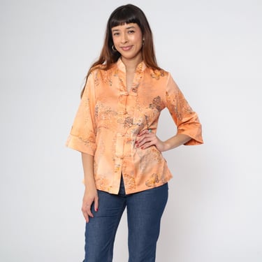 Vintage Asian Style Butterfly Blouse 70s Peach Mandarin Collar Shirt Chinese Knot Button Up Bohemian Hippie Orange 1/2 Sleeve Small S 
