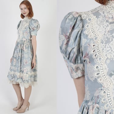 Jessica McClintock Garden Lace Collar Midi Dress, Cream Blue Print Gunne Sax Frock, Vintage 80s Victorian Style Outfit 
