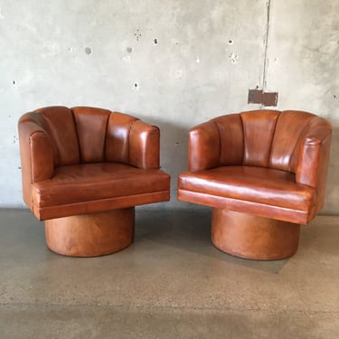 Pair Of Vintage Art Deco Swivel Leather Bucket Chairs