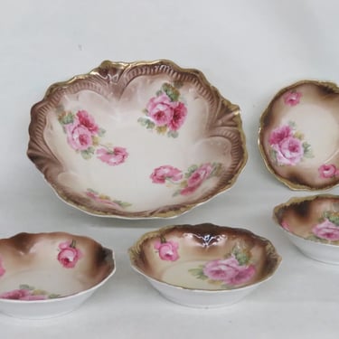 CT Germany Altwasser Porcelain Pink Roses Serving Bowl with Four Dish Set 3170B